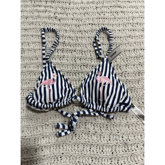 NWT VS PINK Bikini Scrunchie Triangle Top & Hi Waist Bottom Sz S Flamingo Stripe - Picture 4 of 16